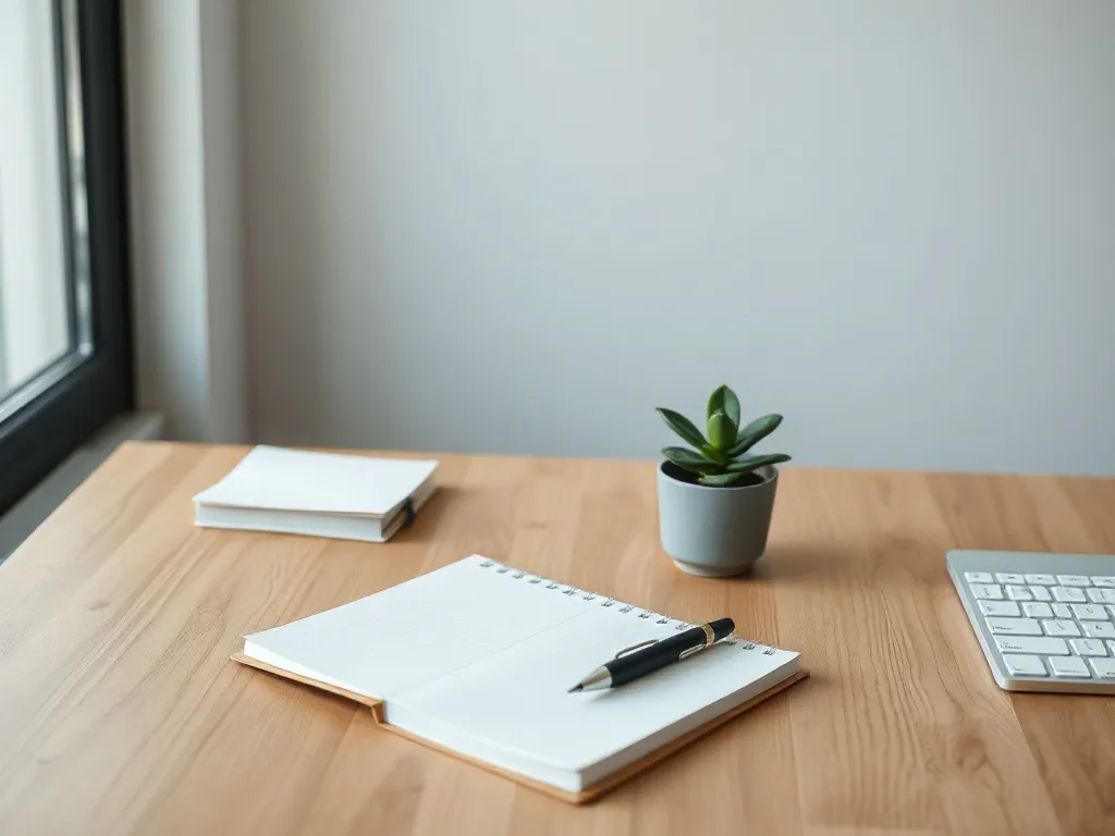 A professional minimalist workspace with a wooden desk, a no
