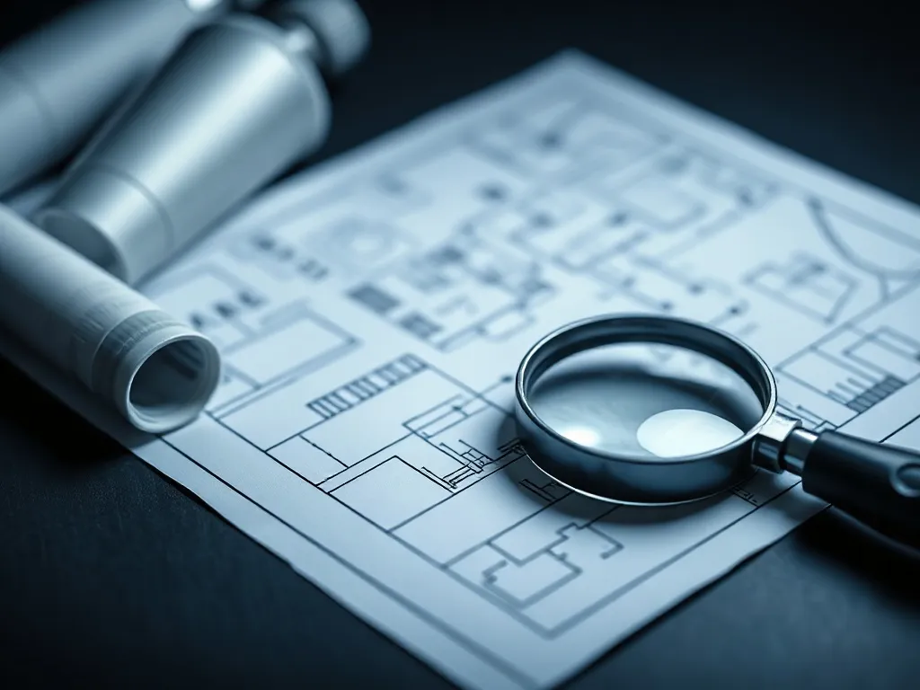 A close up of a professional blueprint and a magnifying glas