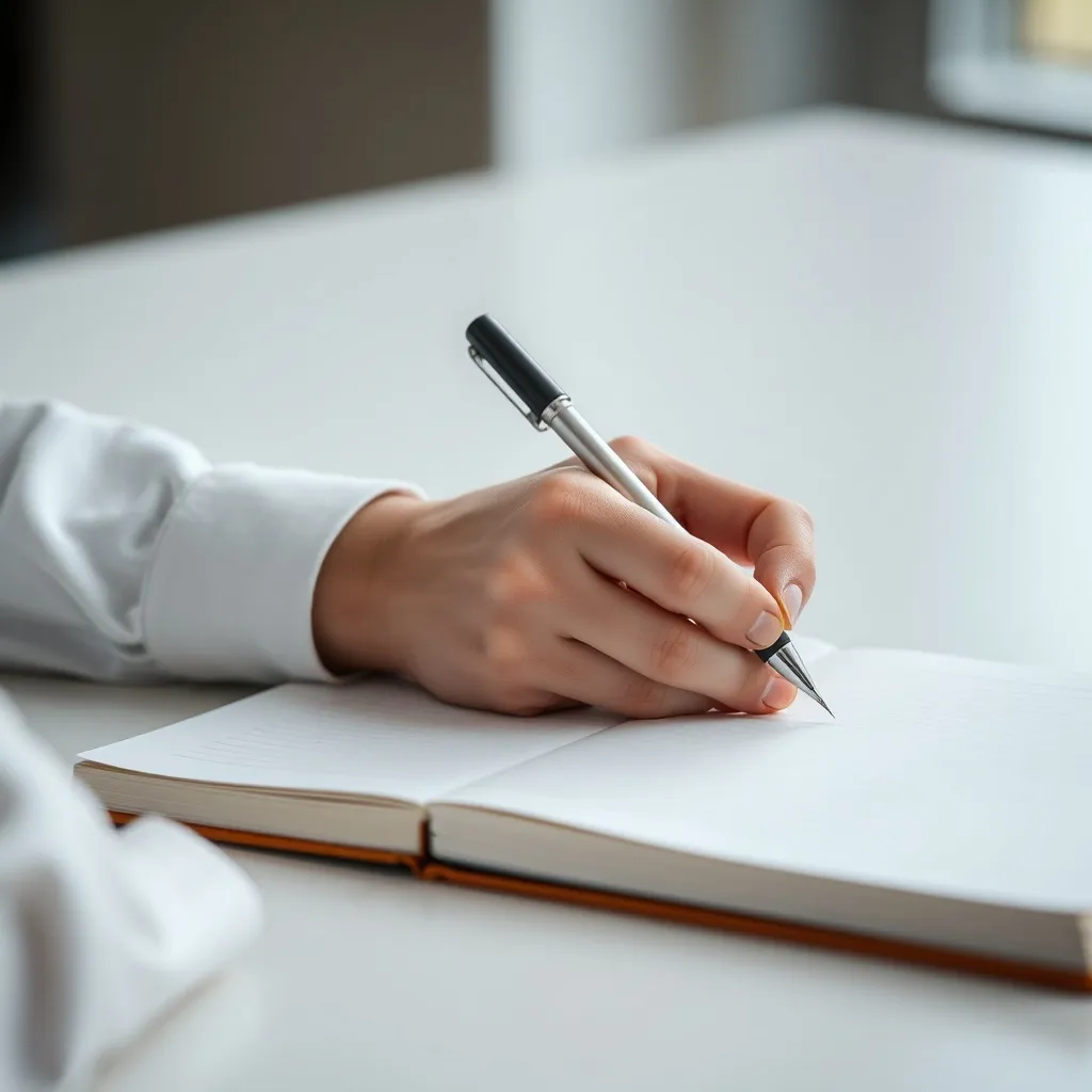 A person writing in a clean white notebook with a simple pen
