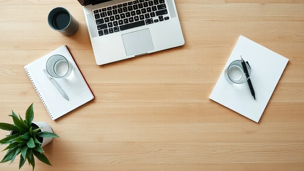 Professional minimalist workspace with a laptop, a notebook,