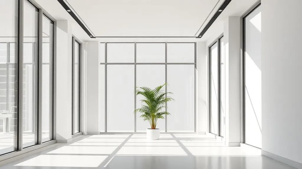 Minimalist architectural office space with clean lines, larg