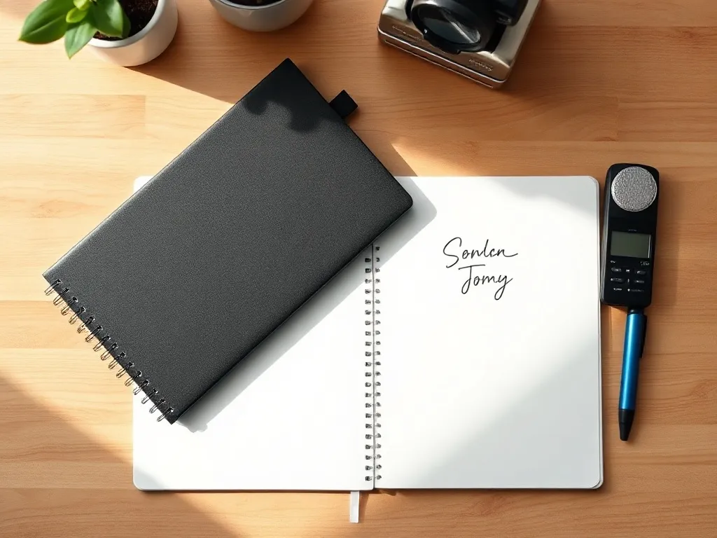 A minimalist black notebook and a professional digital voice