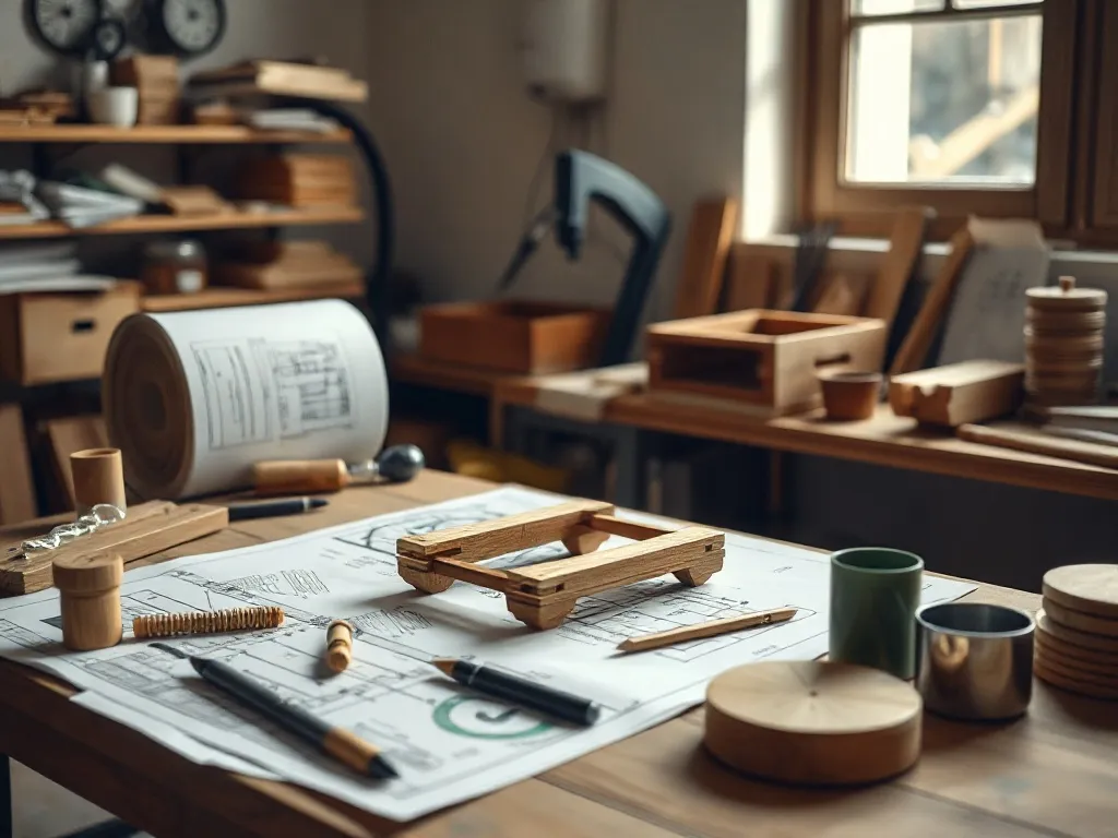 A professional engineering workbench with technical sketches